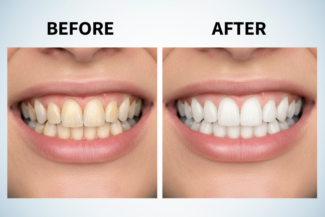 before and after image (before is yellow teeth and after is white teeth)