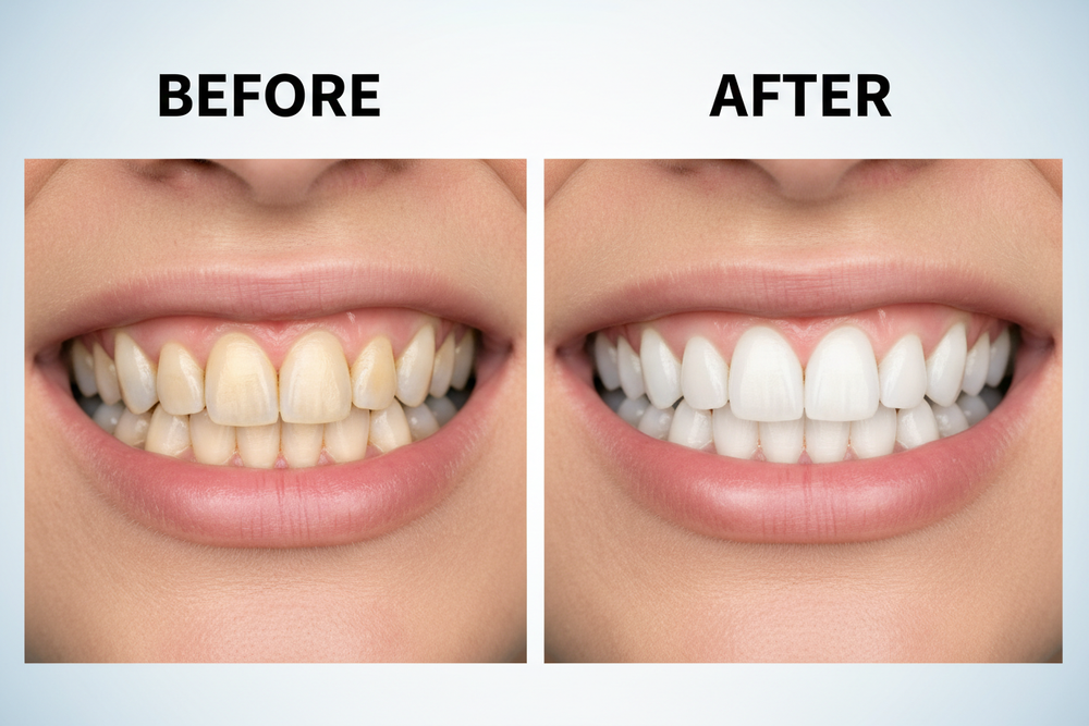 before and after image (before is yellow teeth and after is white teeth)